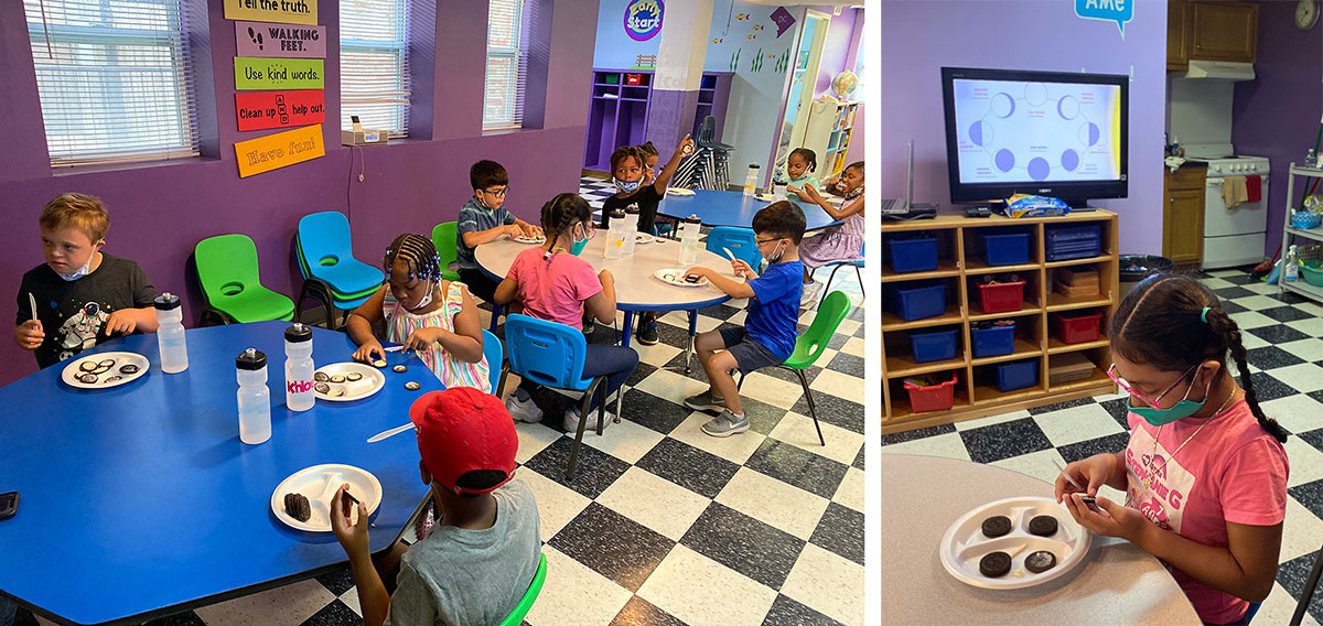 Young multicultural children making phases of the moon with Oreos in STEM summer program
