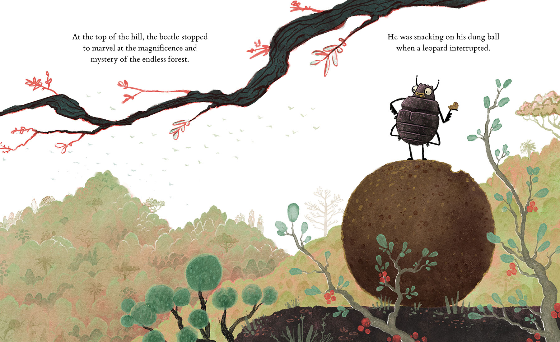 Illustration of dung beetle on top of dung ball
